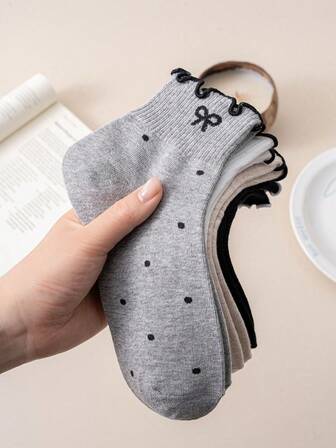 1/4 Pairs Women Socks, Solid Color Polka Dot Bow Ruffle Edge Socks, Fashionable Versatile College Style Mid-Calf Socks, Suitable For Daily Casual, Home, Office, Workout, Commute, Student, Party, Cute, All Season, Ramadan, Comfortable Soft