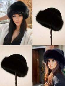 1/Pack New Style Women's Winter Plush Hat, Autumn And Winter European And Korean Style Warm Hat, Fashionable Solid Color Face-Enhancing Small Mongolian Hat, Thick Winter Clothing, Halloween - Black - View 2