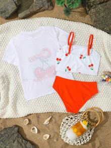 Young Girl Cherry Print Tankini Swimwear And Mesh Short Sleeve - White - View 2
