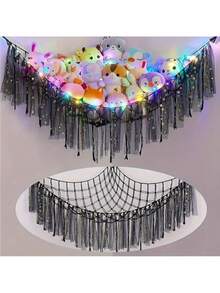 1 件毛绒填充动物悬挂式吊床网秋千，大号装饰性收纳秋千架，适用于家庭客厅卧室，可爱有趣的礼物装饰，100X100X150cm 手工针织三角吊床（不含灯）