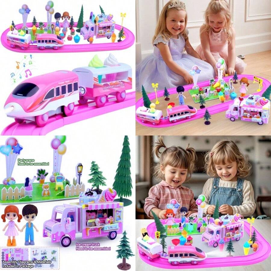 Juegos de trenes rosas para niños pequeños Juguetes de trenes electricos musicales con camion de helados DIY rompecabezas 3D de espuma kit de construccion de escena de fiesta y muñecas para niñasToque real, tren genial - Multicolor - Ver 1