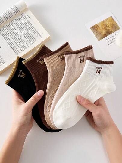 5 Pairs Vintage "Million" Letter Pattern Fashion Short Invisible Socks/Ankle Socks, White/Black, Suitable For Casual Daily Wear, All Seasons