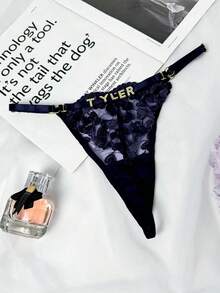 Sexy Women's Thong Panties, Embroidered Lace Low-Waist Thong, Adjustable Underwear, Customizable Letter, Customizable DIY Letter, Customizable Metal Letter DIY, Sheer Sexy Thong, Anniversary Gift, Unique Gift For Girlfriend/Wife, Customizable Letter DIY, Customizable Metal Letter DIY - Royal Blue - View 2
