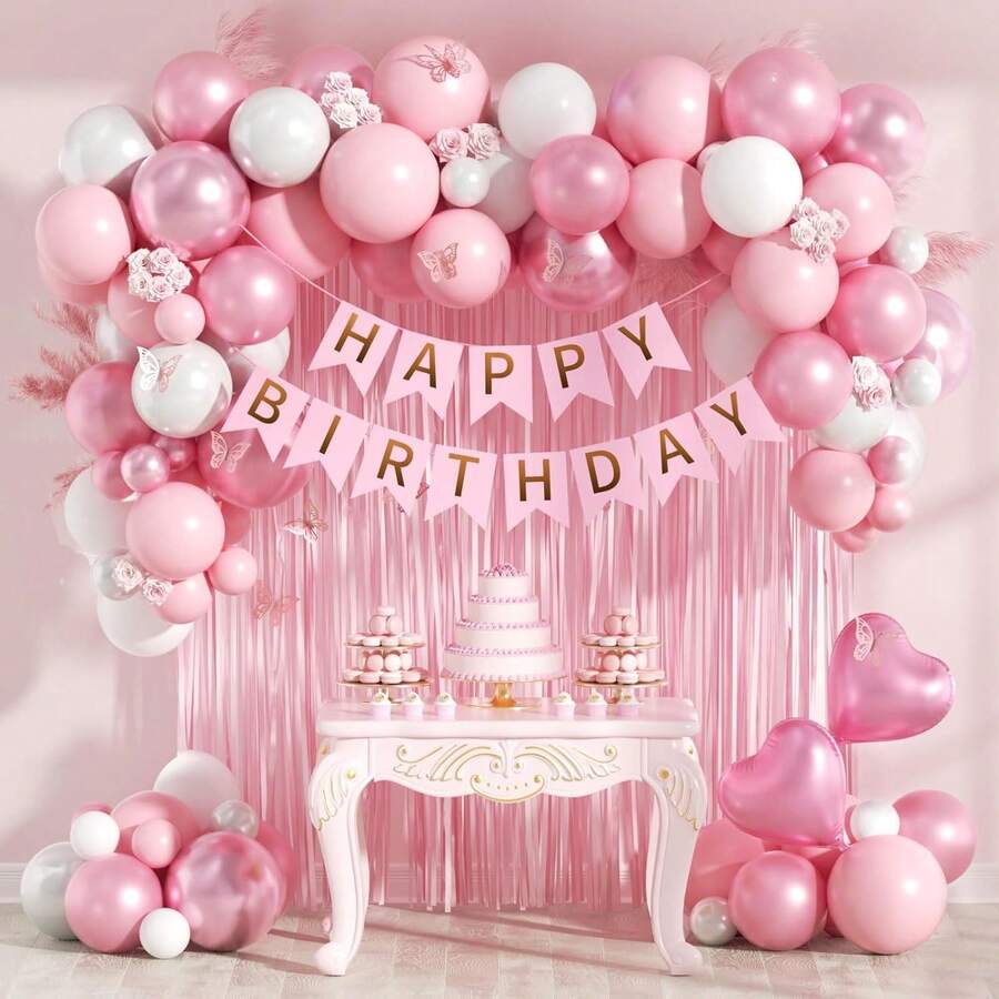 kumozawa 59pcs Pink Birthday Decorations Set - Pearl White, Metallic Pink Balloons, Tassels, Curtain, Banner, Suitable For Happy Birthday Decor - Pink - View 1