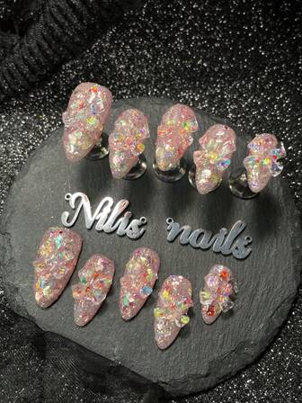 10pcs Handmade Almond-Shaped Acrylic Nail Set, Pink Tone, Sweet Y2K Style, Full Coverage False Nails, 3D Bow Nail Decor, Shiny Full Coverage Nail Design, Suitable For Women To Wear On Valentine's Day, Daily, Ceremony And Holidays (Includes: 1pc Jelly Gel And 1pc Nail File), An Excellent Gift For Women