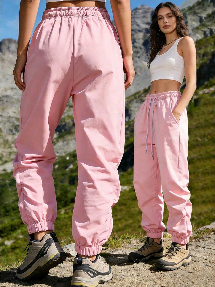 女士户外休闲抽绳裤，纯色简约设计，带大口袋，粉色宽松版型长裤 - 粉色 - 查看 1