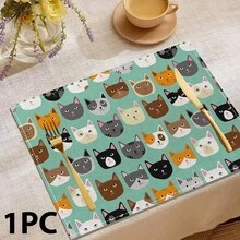 1/4/6/8/12 Peças Jogos Americanos Laváveis Impressos com Padrão de Gato, Protetores de Superfície de Mesa, Tapetes de Mesa de Jantar Interno e Externo, Adequados para Festas de Feriados, Cozinha e Jantar