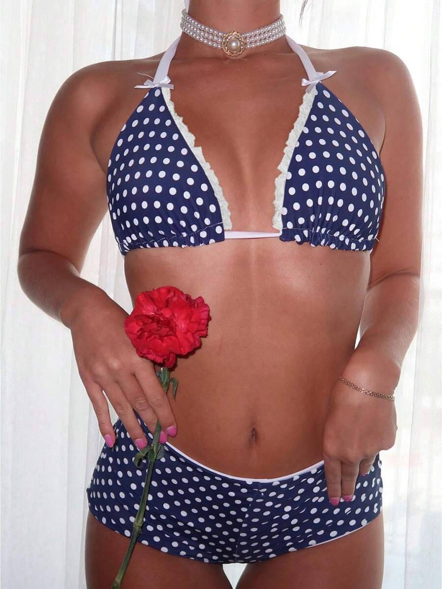 Y2K Women's 2 Piece Bikini Set -- Fashion Halter Neck Swimsuit With Shorts Summer Two Piece Bathing Suit - 藍色 - 查看 1