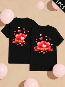 Maglietta coordinata per coppie di San Valentino, autunno, girocollo, vestibilità comoda, street hip-hop, stampa grafica unica - DonnaNero-1PC - Visualizzare 2