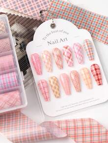 FULL BEAUTY 10片粉色美甲贴纸，格子几何条纹图案，美甲装饰