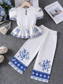 2pcs/Set Young Girl' Floral Ruffle Hem Blouse & Straight Leg Casual Pants Set, Spring/Summer - Blue and White - View 2
