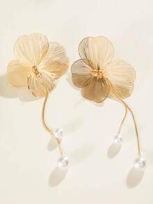 1 Pair Minimalist Elegant Gold Flower & Pearl Pendant Earrings, Unique Jewelry Gift Suitable For Dates And Gatherings - Multicolor - View 5
