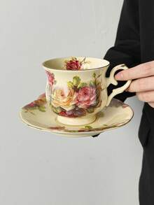 1 Set (1 Cup + 1 Saucer) Nordic Style English Ceramic Rose Coffee Cup & Saucer Set, Hollow Heart Saucer, American Latte Coffee Cup & Saucer, High-End Classical Palace Style Afternoon Tea Cup, Office/Home Tea Cup Set, Breakfast Milk Mug, Valentine's Day/Birthday Gift, Party Supplies, Gift For Boyfriend/Girlfriend - Multicolor - View 9
