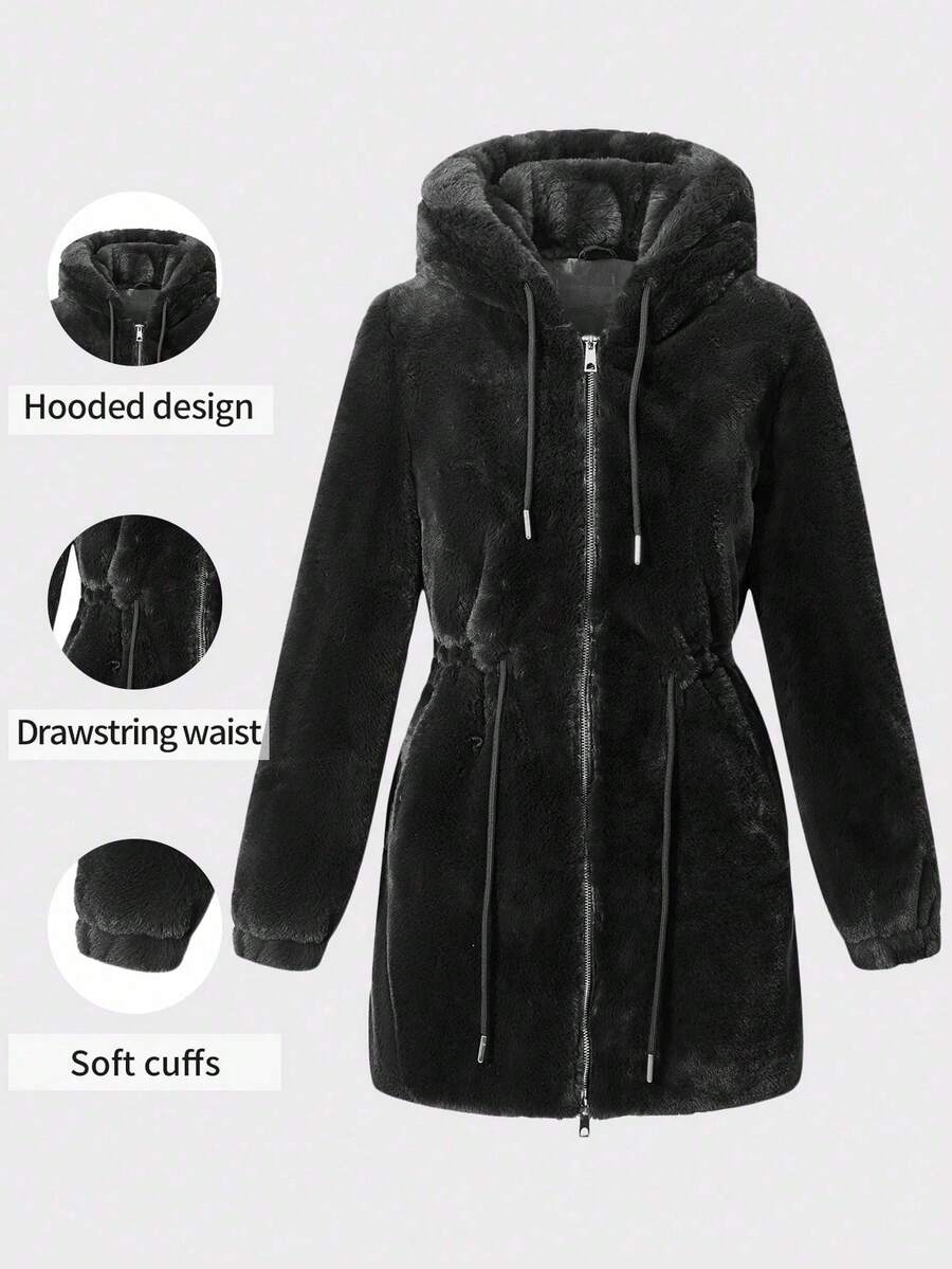 Plus Size Women Faux Fur Jacket, Fuzzy Felt Hat, Cinched Waist, With Pockets, Suitable For Autumn & Winter - Black - View 1