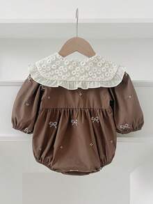 Newborn Baby Girl Floral Embroidered Butterfly Collar Long Sleeve Bodysuit, Spring/Autumn - Brown - View 2