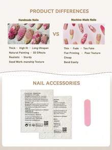 3D Manucure française faite à la main, Nail Art floral 3D, Faux-ongles en forme d'amande longue, Fournitures pour ongles pour femmes - Rose vif - Voir 5