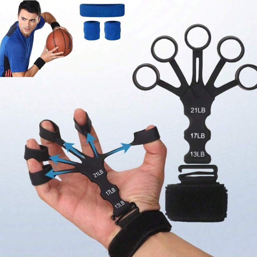 1 Set Of Silicone Finger Trainers, Wrist Tensioners, Finger Strengtheners, Flexion And Extension Five-Finger Trainers, Grip Strength Trainers, And Men's And Women's Moisture-Wicking And Sweat-Wicking Exercise Headbands And Wrist Bands - Suitable For Running, Cycling, Yoga And Basketball - Elastic And Comfortable Headbands And Wrist Bands - Multicolor - View 1
