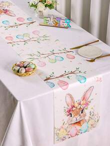 1件装春季复活节兔子桌旗，可爱兔子、彩蛋和花环图案桌布，季节性春季厨房餐桌装饰，节日派对户外装饰，复活节家居装饰，农舍风格礼物，13x70英寸