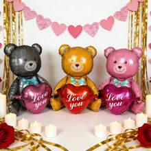3pcs Mixed Color Valentine's Day Teddy Bear Hugging Heart Balloon, Wedding Teddy Bear "Love You" Heart Foil Balloon, Valentine's Day, Wedding, Engagement, Bridal Shower, Anniversary Party Decorative Balloons - Multicolor - View 5