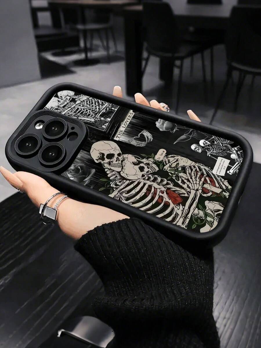 Skeleton Lovers Phone Case, Gothic Style, Phone Case For IPhone 17 Pro Max 17 Air 17Pro 16 15 14 13 12 11 Pro Max, Skeleton Couple Gift, Dark Romantic Design, Gothic Skeleton Theme, Love And Death, Romantic Skeleton Lover Present, Skull And Rose Artwork - 黑色 - 查看 1