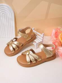 1 Pair Toddler Metallic Bow Wide Strap Breathable Material Lightweight Open-Toe Adjustable-Strap Flat Casual Sandals Summer Outing - Brown - View 5