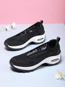 2026 Spring/Summer New Lace Hollow Breathable Air Cushion Rocking Shoes, Women's Fashion Wedge Heel Increase Height Casual Sneakers, Thick Sole Shock Absorbing Commuting Walking Shoes - Black and White - View 3