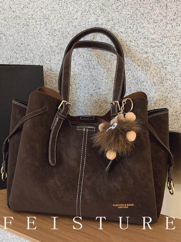 1pc FEISTURE Large Capacity PU Tote Bag, Fashion Shoulder Bag With Pendant, Suitable For Girls, Women, College Students, Young Professionals, Great For Work, Business, Commute, School - Coffee - View 8