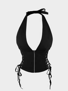 Áo camisole corset gợi cảm, cổ chữ V sâu, dáng ngắn, khóa kéo phía trước, dây buộc bên hông, thiết kế hở lưng, có gọng nâng eo, thích hợp cho phụ nữ mặc trong các dịp như Lễ Tình nhân, tiệc tùng, v.v. - màu đen - Xem 8