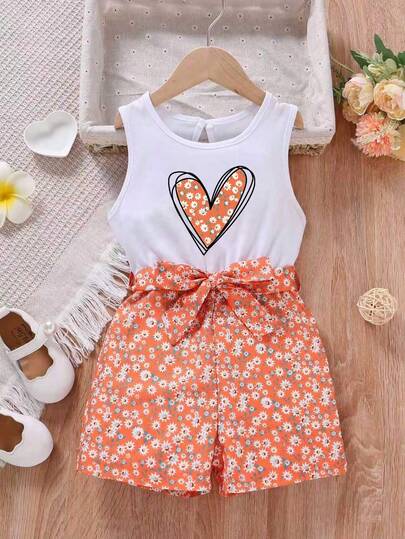 Heart Print Tank Top And Bow Waist Shorts Set For Young Girls