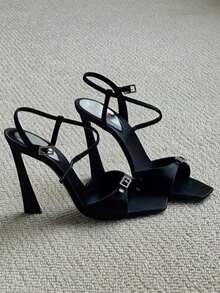 春夏小众方头水晶装饰缎面高跟鞋，细高跟方头性感明星搭扣凉鞋，黑色 - 黑色 - 查看 1