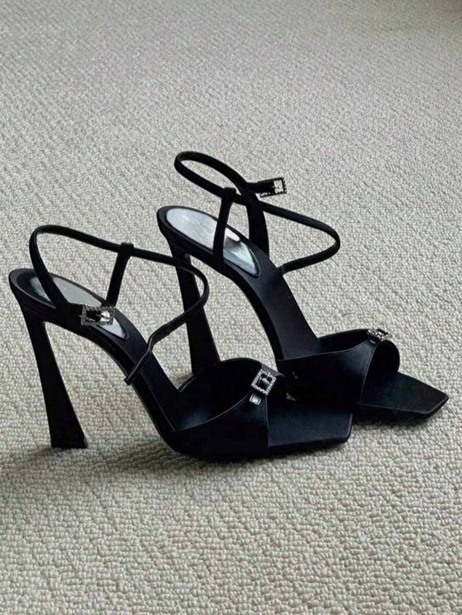 春夏小众方头水晶装饰缎面高跟鞋，细高跟方头性感明星搭扣凉鞋，黑色 - 黑色 - 查看 1