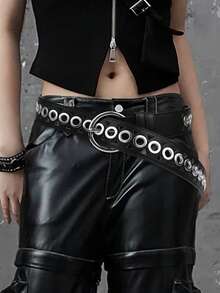 1pc Punk Style Double Buckle Metal Waist Belt, Denim Jeans Fashion Accessory Belt With Grommets, Suitable For Daily Wear - Black - View 5