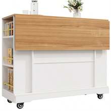 Isla de cocina moderna, mueble de cocina, aparador, carrito de comedor con vetas de madera, mueble buffet, mesa de comedor multifuncional con espacio de almacenamiento, carrito de comedor con armarios extensibles, color blanco - Blanco - Ver 7