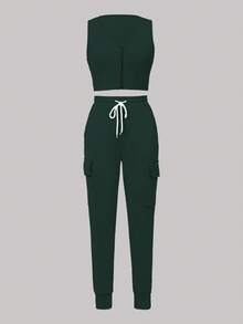 Conjunto de 2 piezas de verano para mujer, top sin mangas de unicolor cómodo y casual, y pantalones con bolsillo y cintura elástica - Verde oscuro 23 - Ver 4