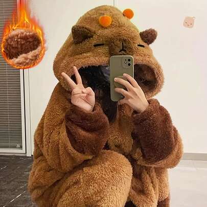 1件水豚毛绒毯，可爱水豚毛绒毯，水豚连帽珊瑚绒卡通可爱连帽睡袍，秋冬卡通甜美可爱女士冬季连帽毯 - 厚绒动物图案长毯，超柔软保暖睡眠毯