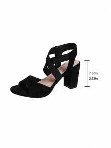 女童黑色麂皮交叉绑带罗马凉鞋，露趾粗跟高跟鞋，适合派对、婚礼、欧洲和中东风格 - 黑色 - 查看 7