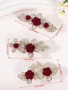 1 Stück burgunderrote Samt Rose mit Strass Haarclip, 3D Hohlmetall mit Kristallen besetzt, akzentuiert mit burgunderroten Samt Rosen, eleganter luxuriöser Bankett Haarschmuck, Braut Hochzeit Haarschmuck, Haarklammer, Haarspange, Haarspange