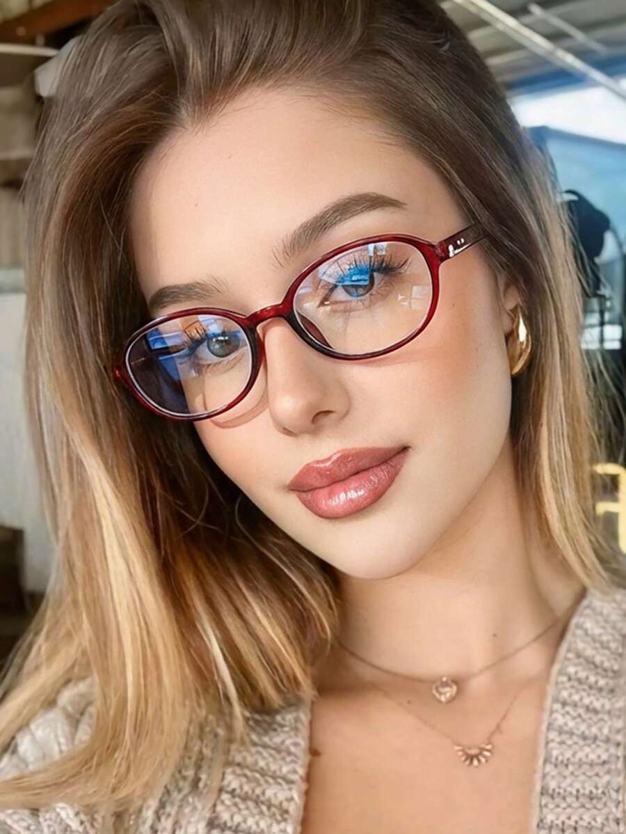 1 Pair Women's Transparent Red Oval PC Frame Vintage Solid Color Minimalist Small Frame Casual Eyeglasses - Màu Đỏ Sâu - Xem 1