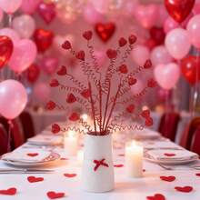 Romantic Valentine'S Day Heart-Shaped Branch Decorations - Plastic Artificial Cherry Blossom & Heart Ornaments With White Vase, Red Bow Tie - Ideal For Wedding Centerpieces & Tabletop Displays, Valentines Decorations - Red - View 3