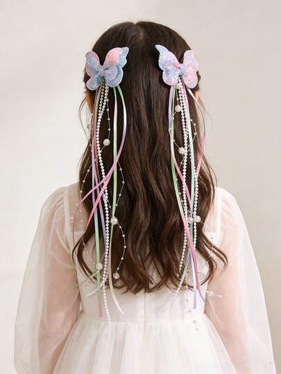 2pcs Butterfly Shaped Hair Clips, Ombre Glitter Alligator Clips, Elegant Long Ribbon/Beaded Chain Hair Clips, Butterfly Hair Pins, Delicate Gift Hair Accessories, Suitable For Teenagers