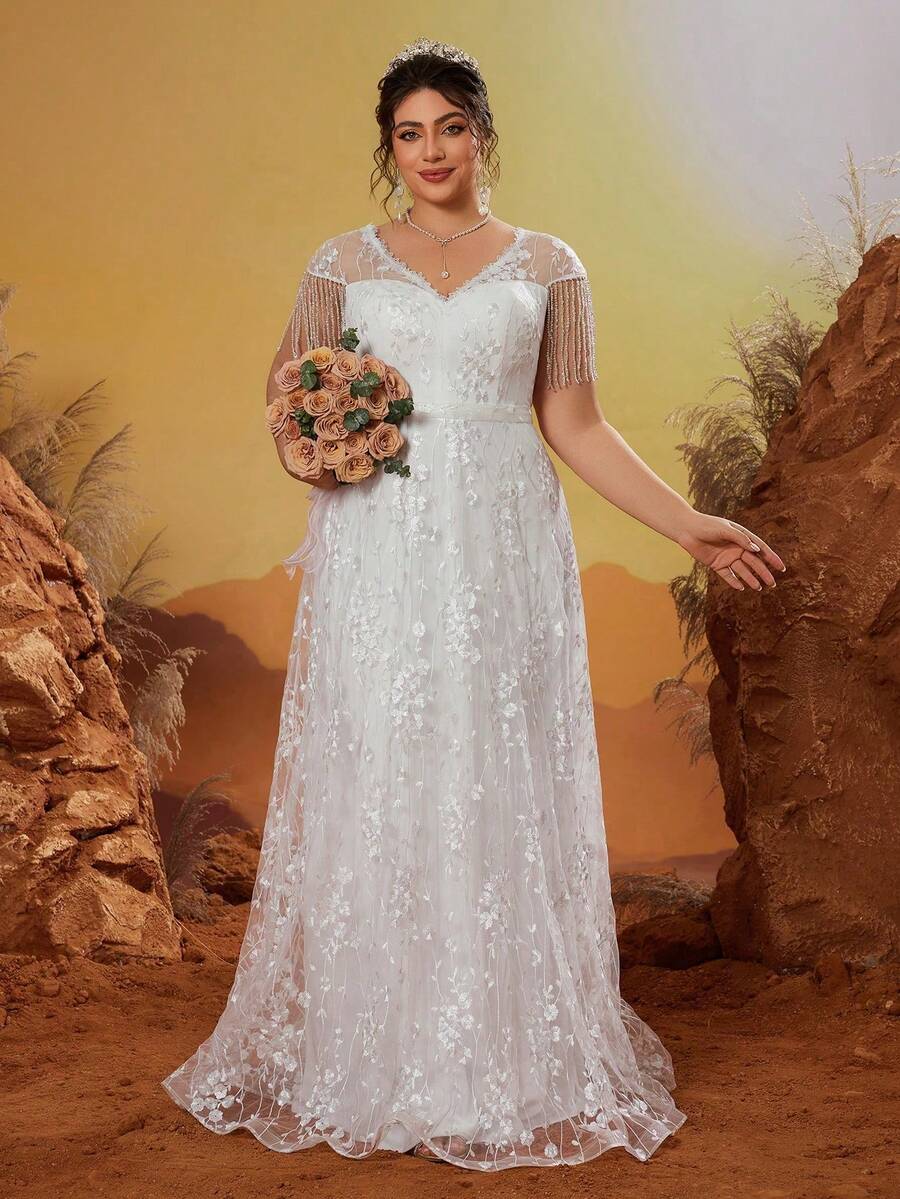 MGIACY V领透视飞机袖串珠蕾丝高端婚纱 - 白色 - 查看 1