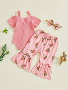 Conjunto de 3 piezas de ropa occidental para niña, mono liso de manga corta con hombros descubiertos, patrón de botas, pantalones acampanados y diadema con lazo - Rosa - Ver 7