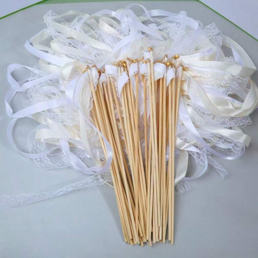 10/20/50pcs White Ribbon Magic Wands, Fairy Wands With Lace, Rotating Ribbons, Golden/Silver Bells, Party Cheering Props, Wedding, Christmas Gifts