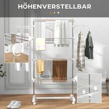 HOMCOM Mobile Clothes Drying Rack, 142 X 55 X 172 Cm, Foldable (4 Levels), With Wheels, Locking Function, Side Wings, ABS, White - White - View 4