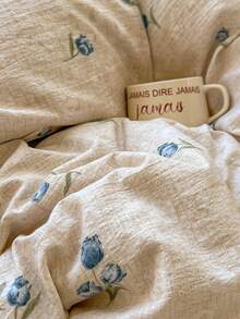 3pcs Linen Ruffle Bed Skirt Set (1pc Bed Skirt + 2pcs Pillowcases), Vintage Blue Rose Floral Print Bedding Set, Suitable For Double/Single Bed, All Season