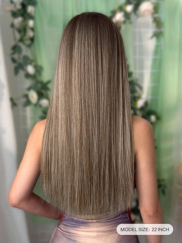 7片装直发接发片，加长发夹，渐变棕色，22英寸长，耐热纤维合成直发接发片，适合女性在圣诞节、万圣节、音乐节、派对和日常使用。 - 漸層棕色 - 查看 3
