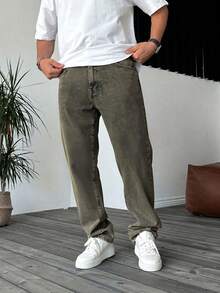 Jeans rectos de lavado desteñido para hombres, estilo de moda casual de calle, para todas las estaciones - Amarillo - Ver 2