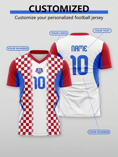 1pc Customized Croatia National Team Style Football Jersey. This Jersey Is Designed In The Style Of The 2026 World Cup, Made Of Red And White Checkered Pattern Fabric. Suitable For Daily Wear, Watching Football Matches, And Other Sports Activities. Summer, Moisture-Wicking Performance