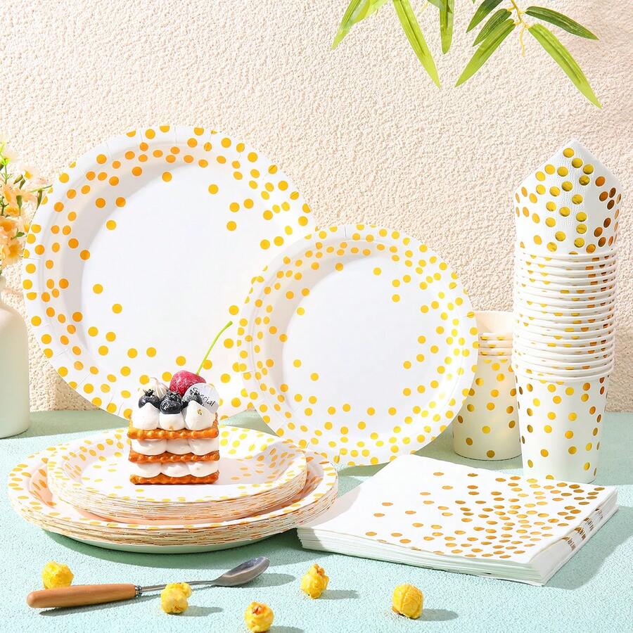 White Background Golden Polka Dot Disposable Tableware Set, Including 7/9 Inch Paper Plates, Paper Cups, Paper Napkins, Suitable For Birthday Party, Holiday Party, Gathering, Celebration, Wedding Tea Party, Graduation Ceremony Disposable Party Supplies - Multicolor - View 1