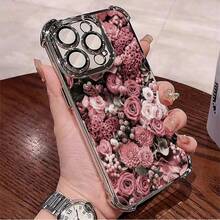1pcs Pink Rose Floral Phone Case Compatible with Apple Phone17 16 15 14 13 12 11 ProMax Antidrop Phone Case Camera Protection Phone Case Vintage Light Luxury Style Elegant Fashion Can Be Given To A Lover Can Be Given To Friends - Plateado - Ver 1